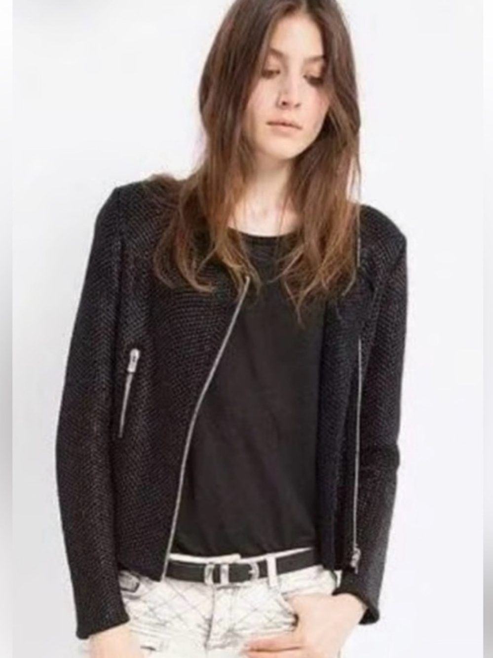 Maje Moto empire sweater Jacket black asymmetric silver zipper chunky knit